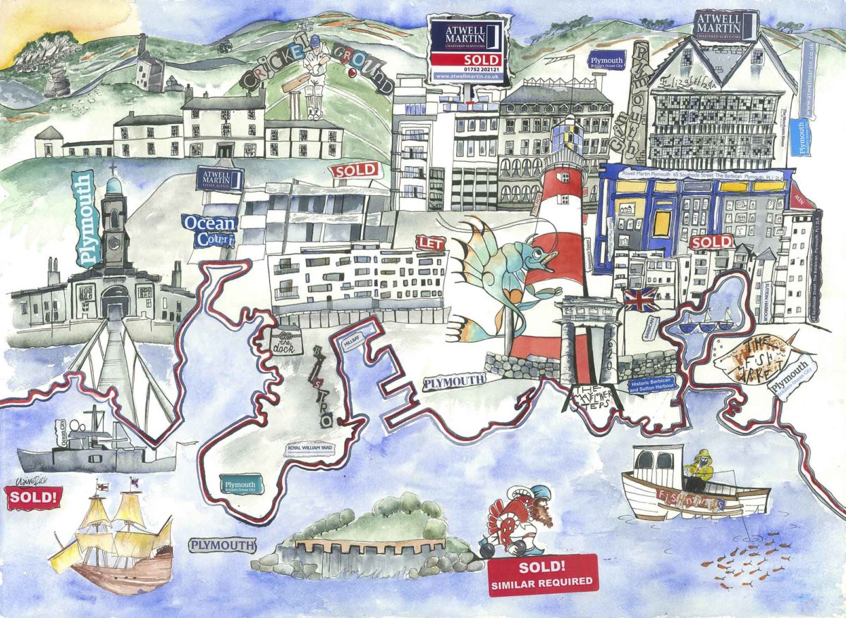 Painting of Plymouth with properties for sale